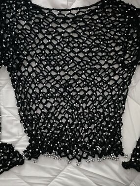 Black Beaded Open-Knit Women’s Sweater